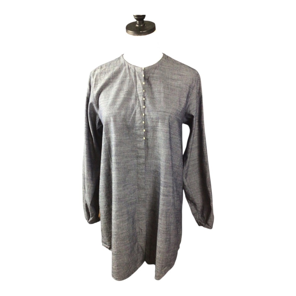 Sapphire Long-Sleeve Button-Front Tunic Top in Gray Grannet Blue Cotton Twill